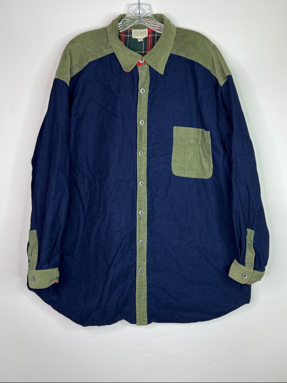 Vintage Northwest Express Flannel Lined Corduroy Navy Green Button Down Shirt XL